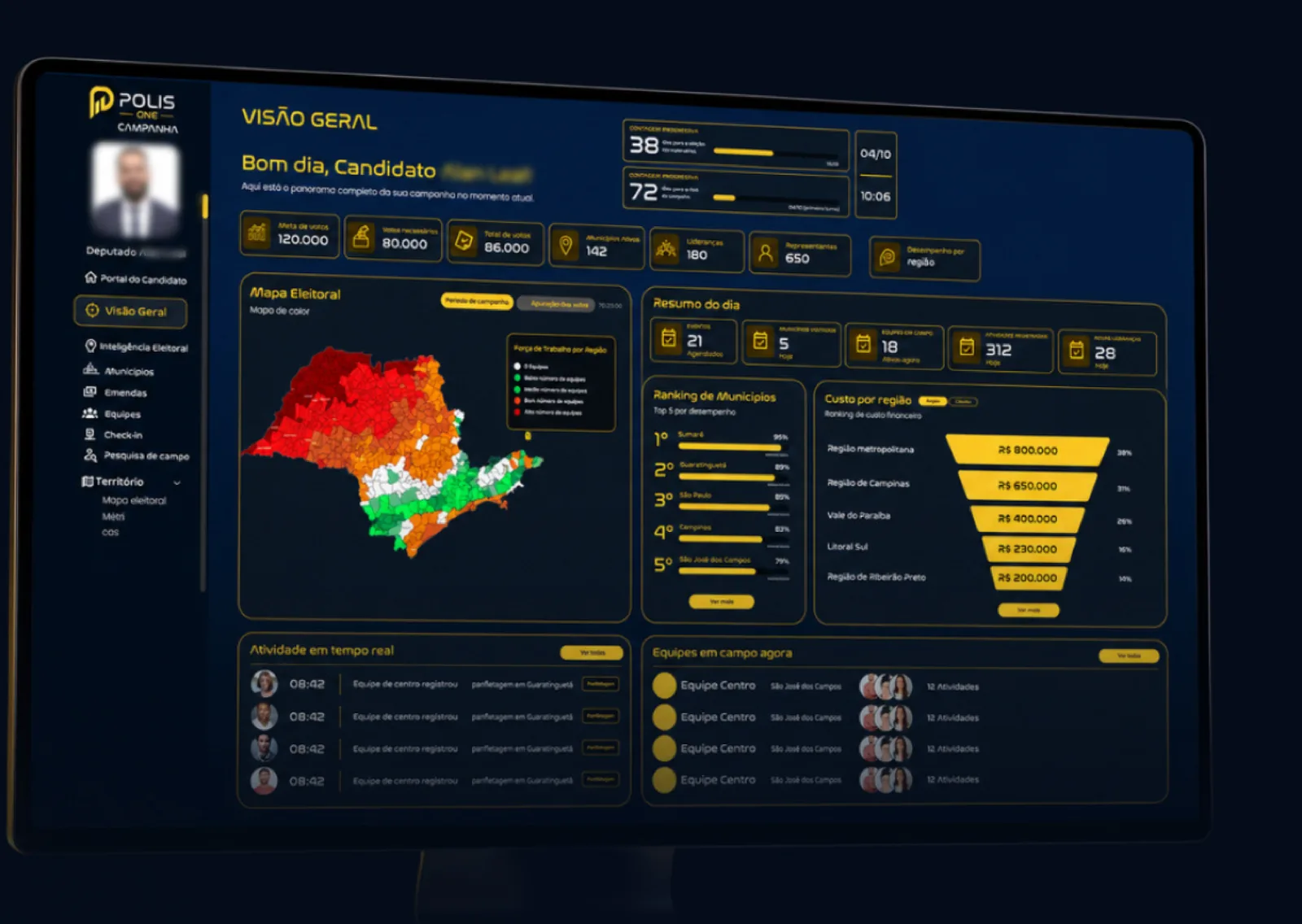 Painel Visão Geral da Plataforma Campanha, com metas de votos, mapa de calor do estado e equipes em campo